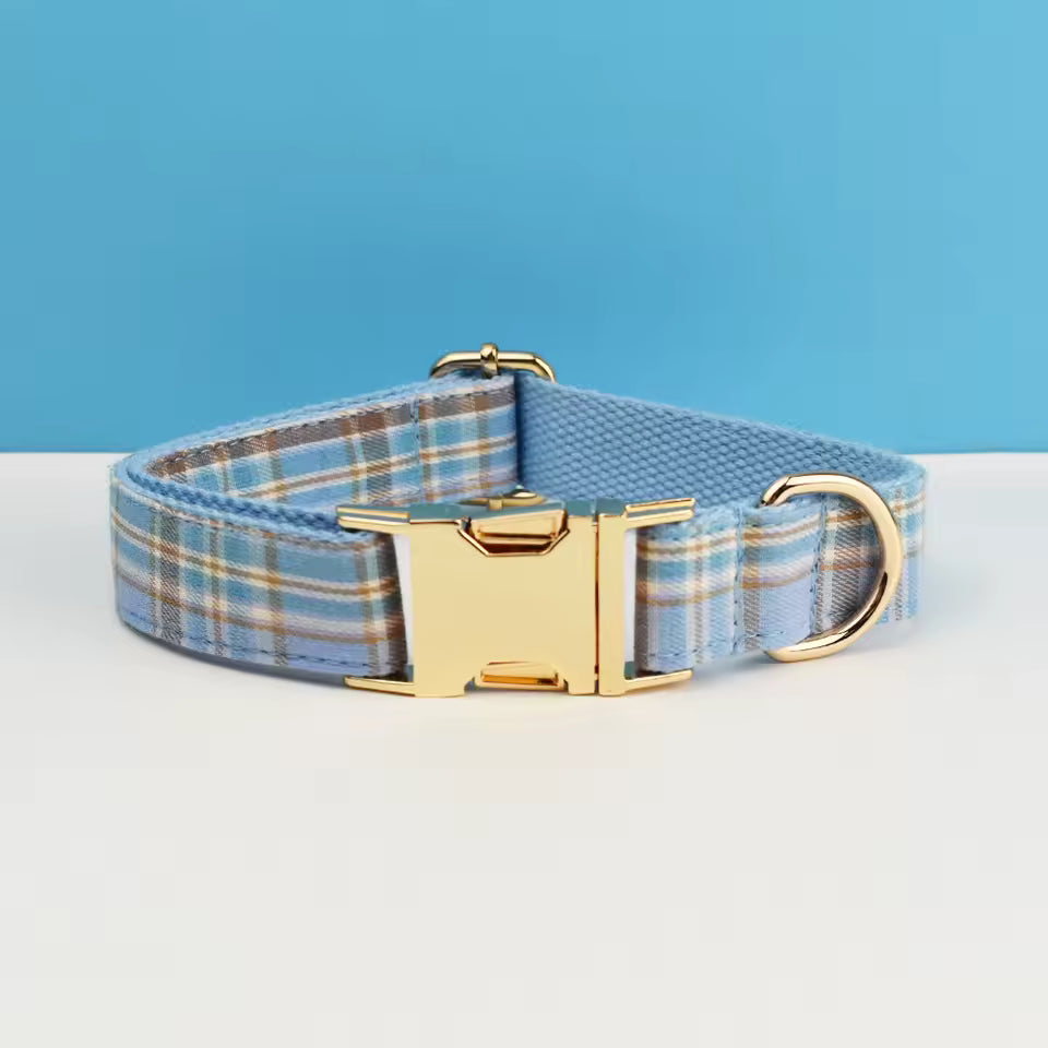 Blue Plaid Pet Collar & Leash Set