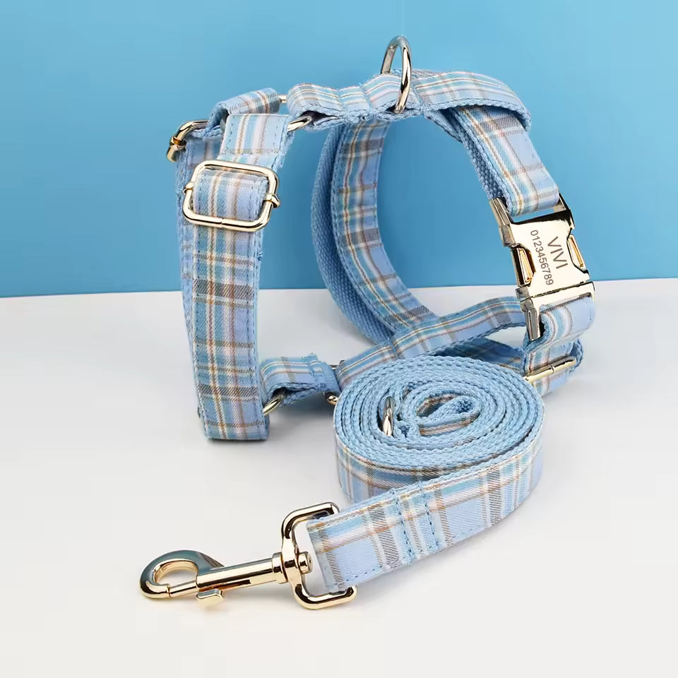 Blue Plaid Pet Collar & Leash Set